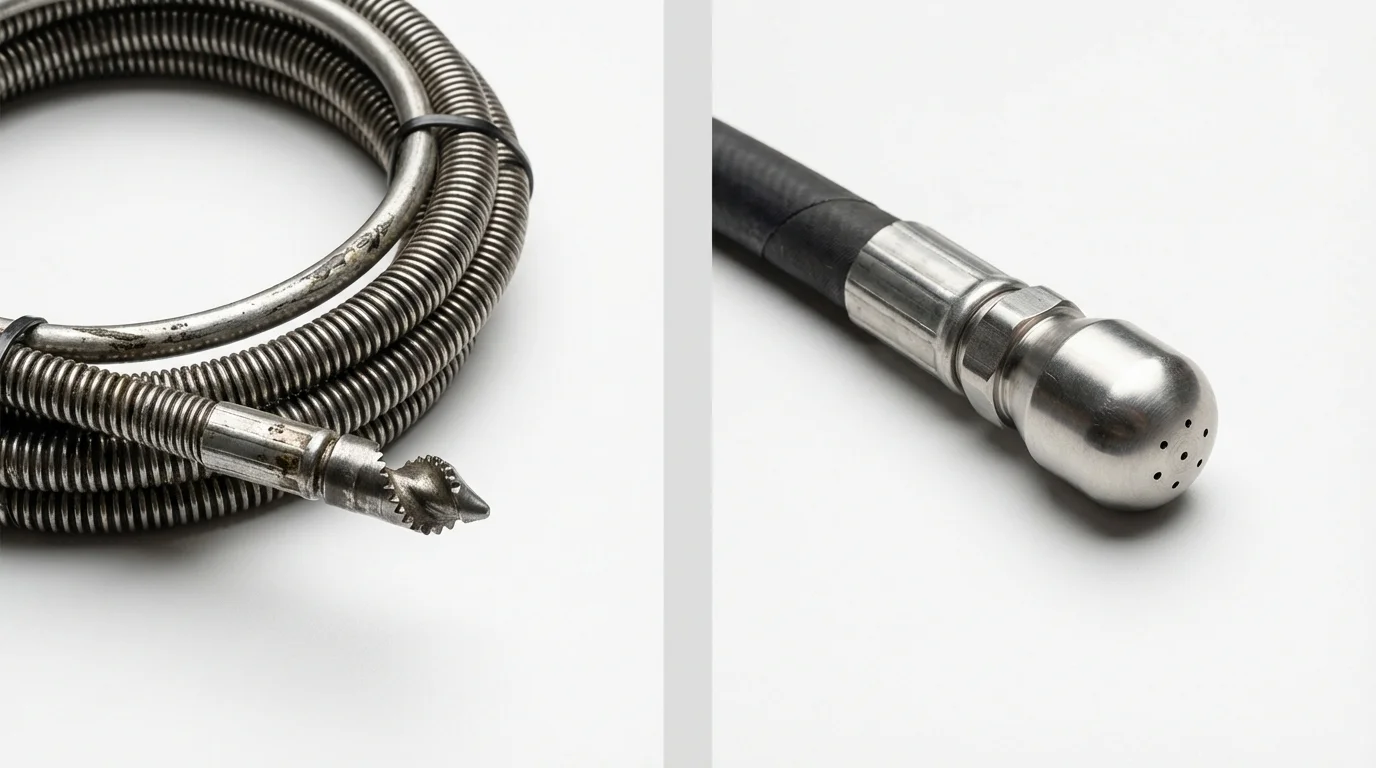 Drain snake cable and hydro jetting nozzle used for drain cleaning in West Unity, OH