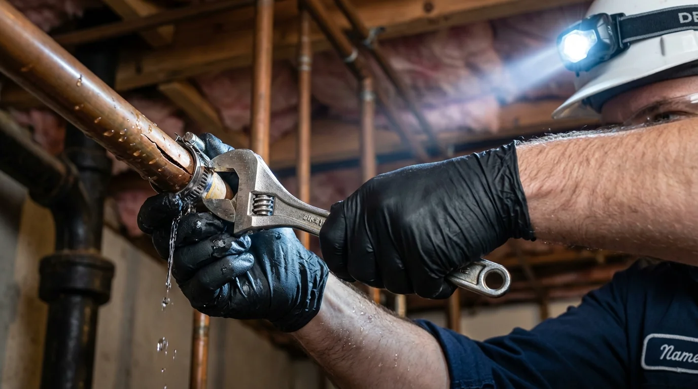 Emergency pipe clamp repair being performed by a Johns Plumbing LLC plumber in West Unity