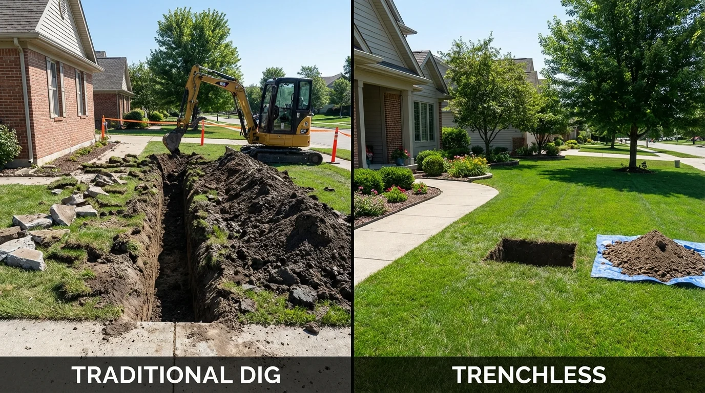 Trenchless sewer repair with minimal yard damage versus traditional excavation in West Unity, OH