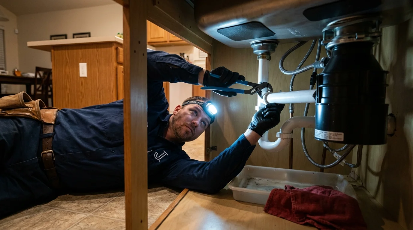P-trap and supply line connections under a kitchen sink showing a common leak point in West Unity, OH
